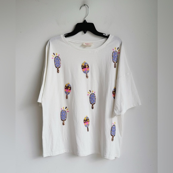 PEACH LOVE White Sequin Ice Cream Bar Oversized Tee Size Small - Picture 6 of 7